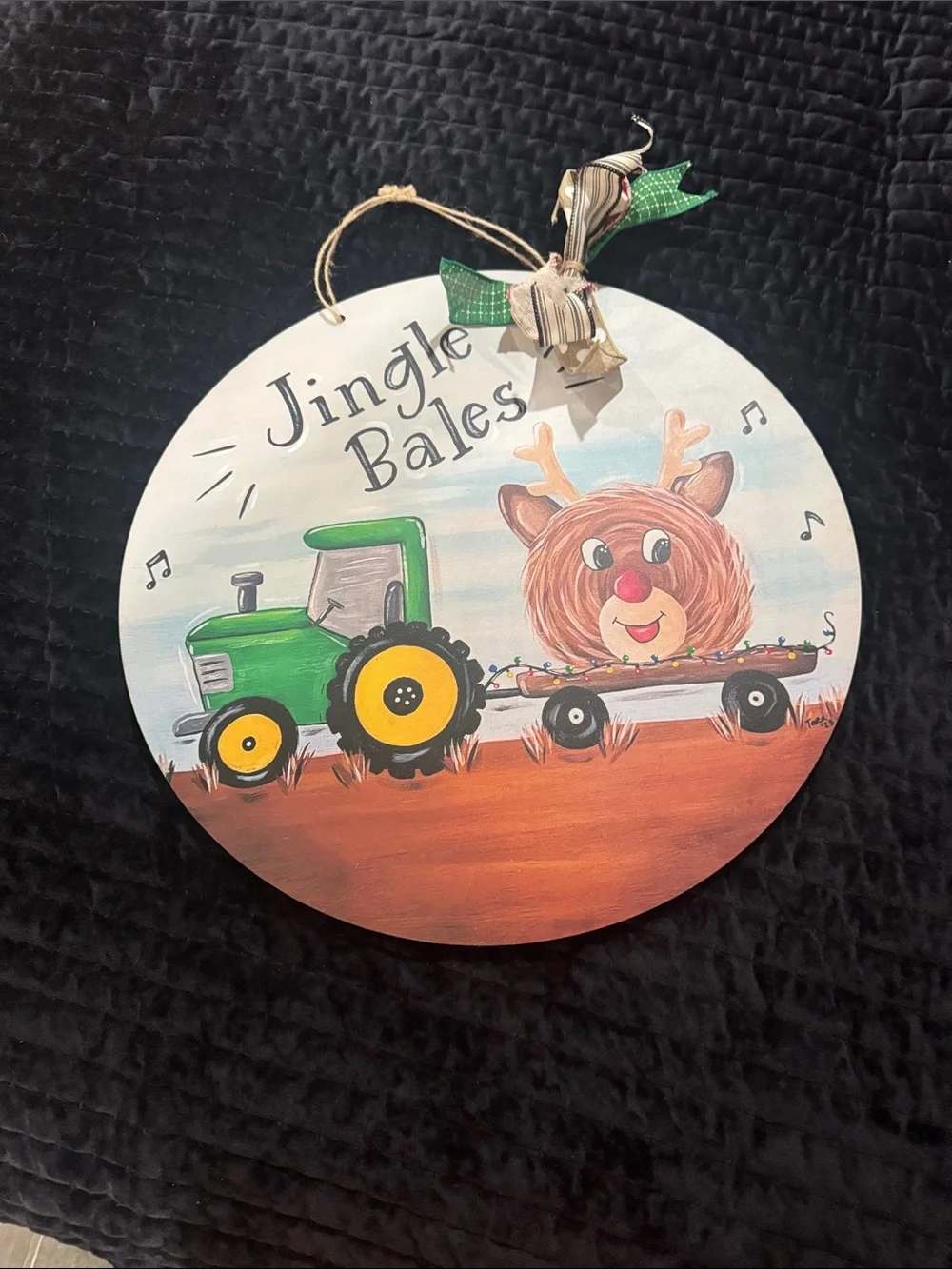Jingle Bales Round Wood Holiday Sign - Green Tractor & Reindeer